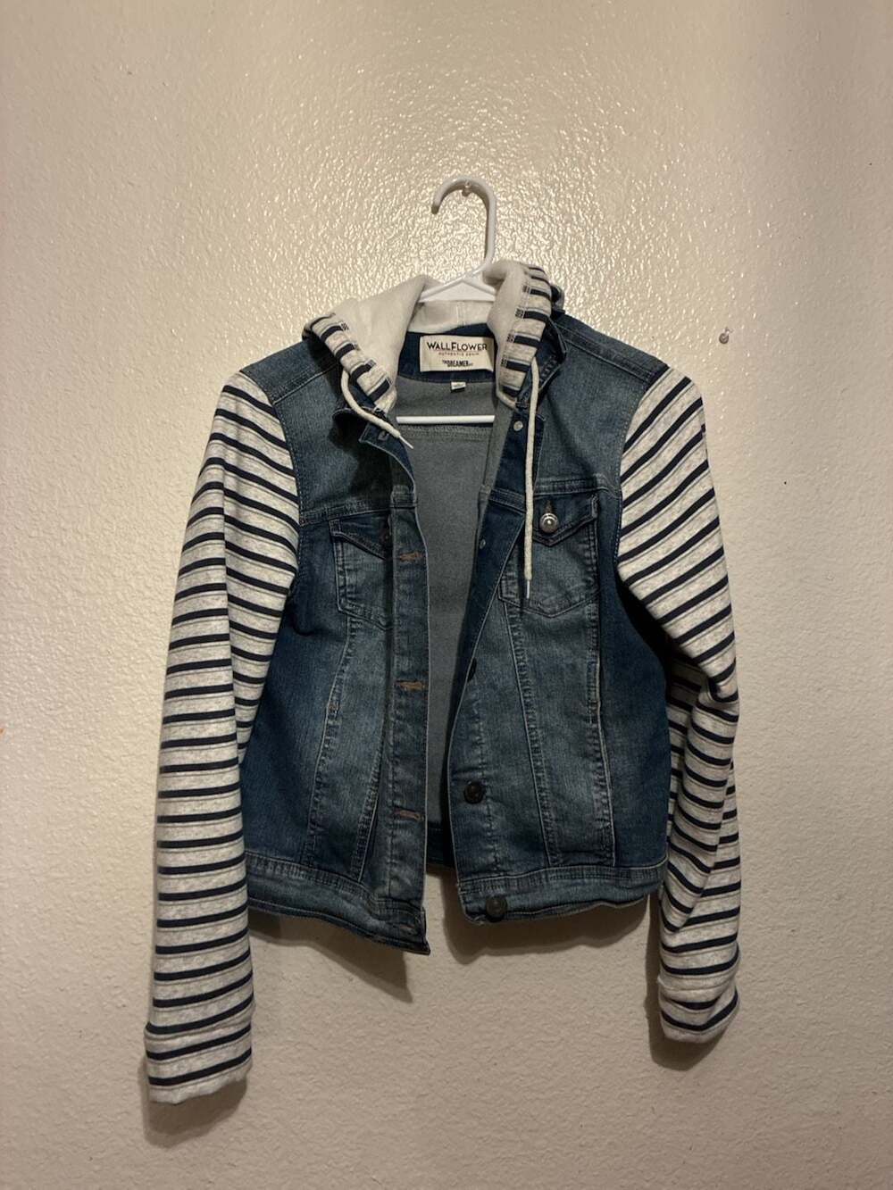 WallFlower Authentic Denim The Dreamer Fit Hooded Denim Jacket  Striped Sleeves